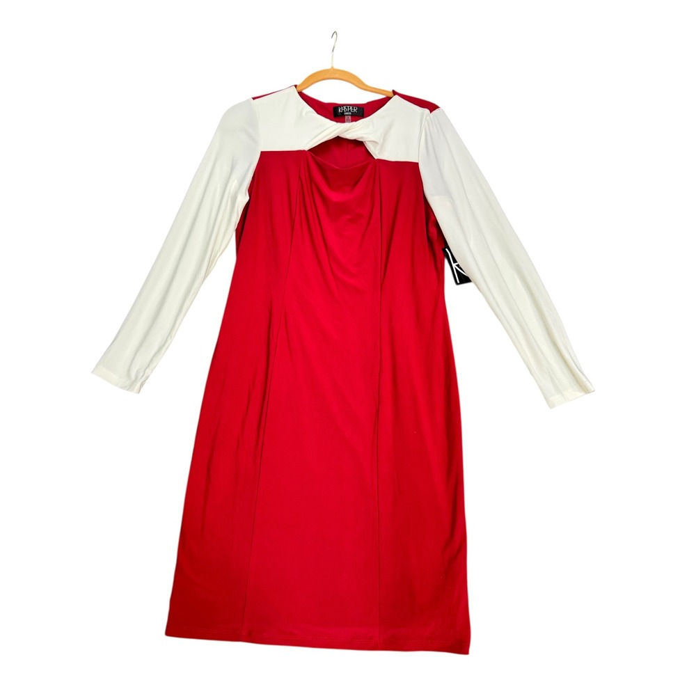 Kasper Dress Womens Sz M Red Cream Long Sleeve Career Party Sheath Cut Out